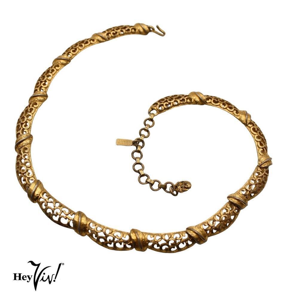 Vintage Signed Monet Necklace w Open Work Scalloped Curved Pieces 16" - Hey Viv